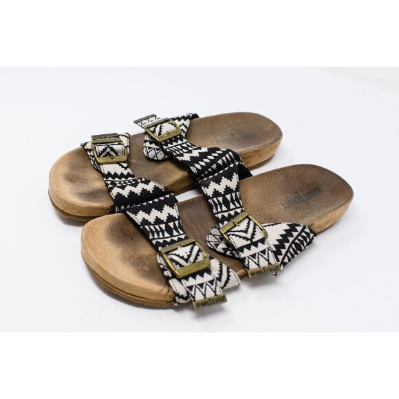 Minnetonka Double Strap Sandals Womens 8 Black White Buckle Slip On Slides aztec - Picture 1 of 7